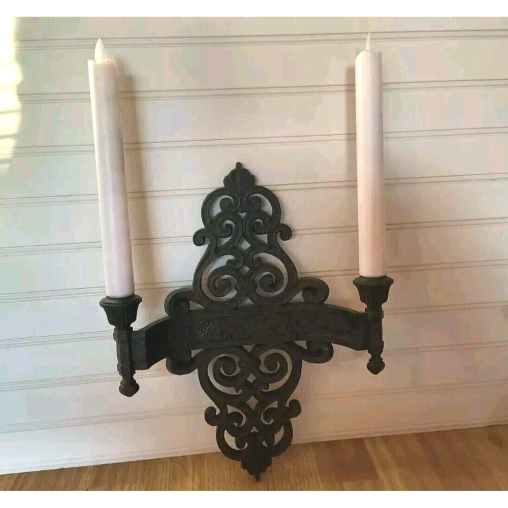 SET/2 Syroco Black Taper Candelabras, Victorian Gothic MCM Textured Scrolls, EUC